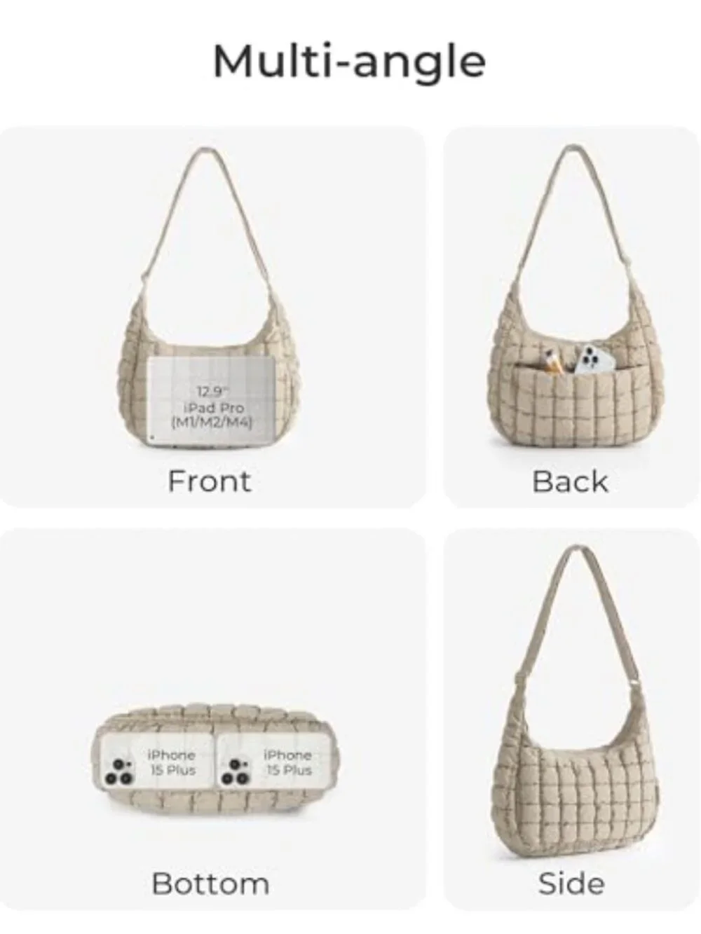 Quilted Hobo Crossbody Purse with Adjustable Strap Fits iPad